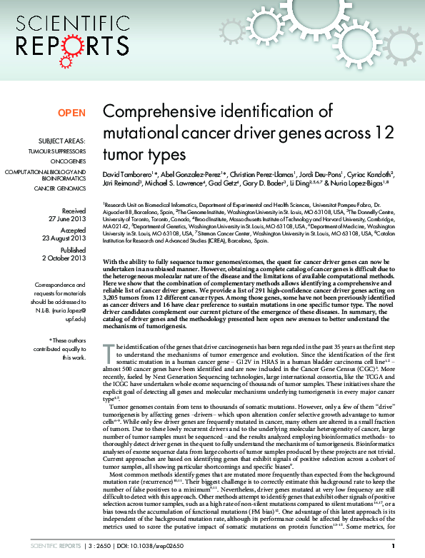 (PDF) Comprehensive identification of mutational cancer driver genes ...