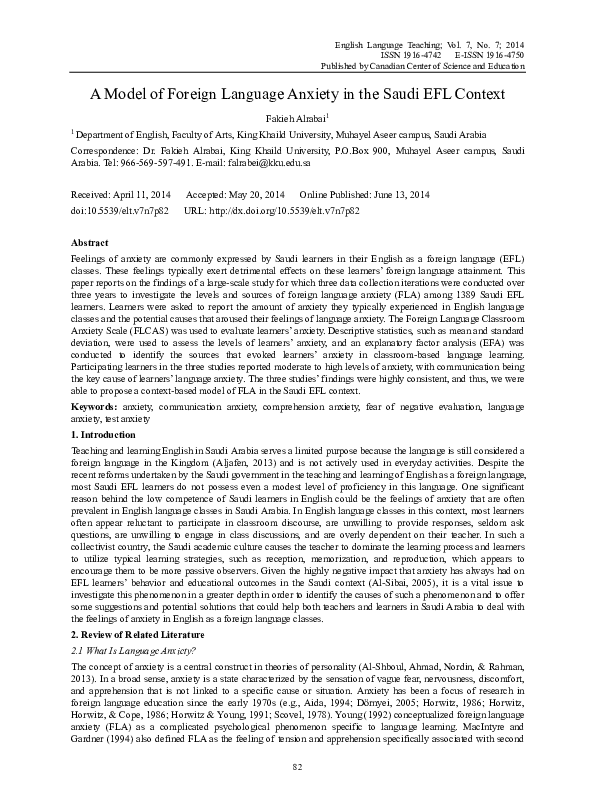 (PDF) A Model of Foreign Language Anxiety in the Saudi EFL Context