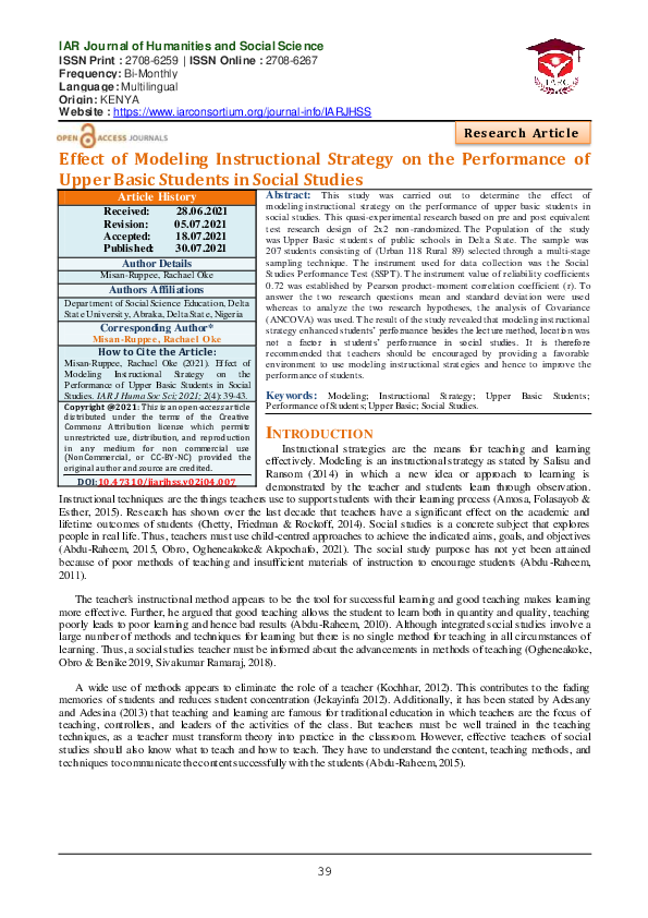(PDF) Effect of Modeling Instructional Strategy on the Performance of ...