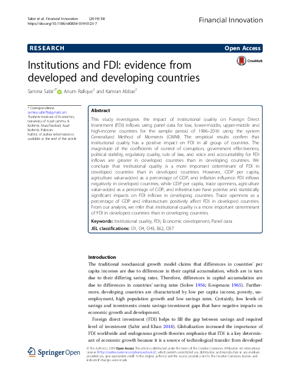 (PDF) Institutions and FDI: evidence from developed and developing ...