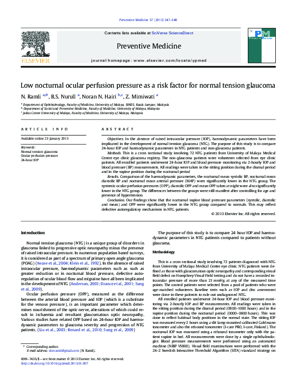(PDF) Low nocturnal ocular perfusion pressure as a risk factor for