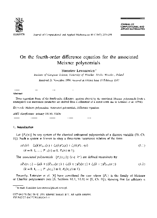 (PDF) On the fourth-order difference equation for the associated ...