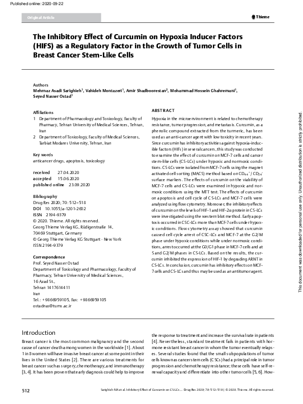 (PDF) The Inhibitory Effect of Curcumin on Hypoxia Inducer Factors ...