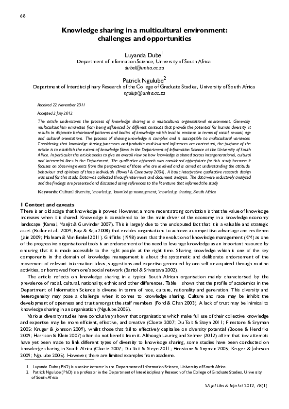 (PDF) Knowledge sharing in a multicultural environment: challenges and ...