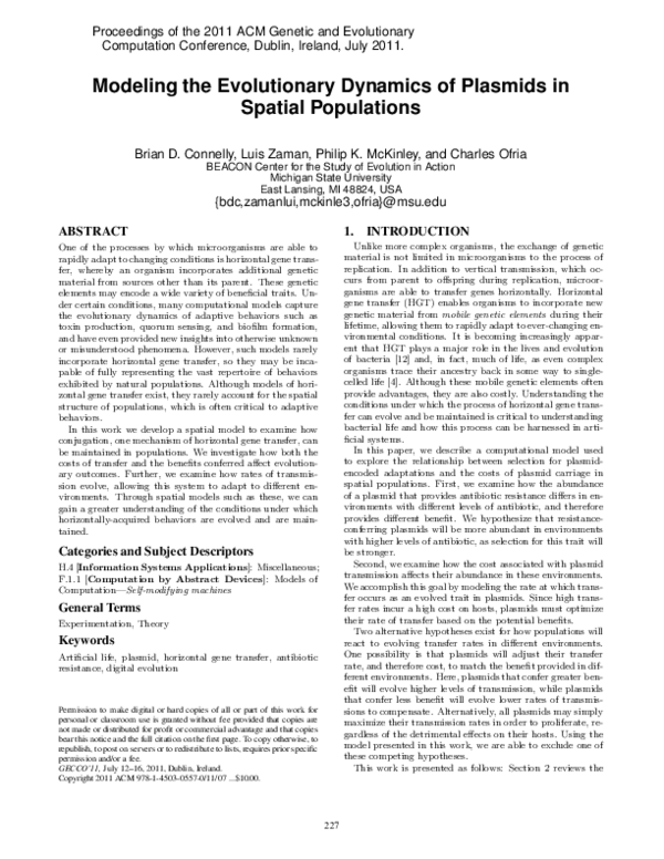 (PDF) Modeling the evolutionary dynamics of plasmids in spatial populations