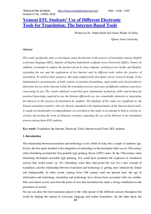 (PDF) Yemeni EFL Students" Use of Different Electronic Tools for ...