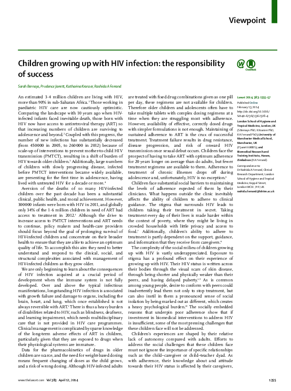 (PDF) Children growing up with HIV infection: the responsibility of success