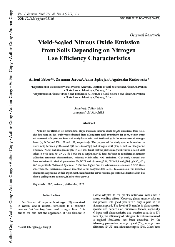 (PDF) Yield-Scaled Nitrous Oxide Emission from Soils Depending on ...