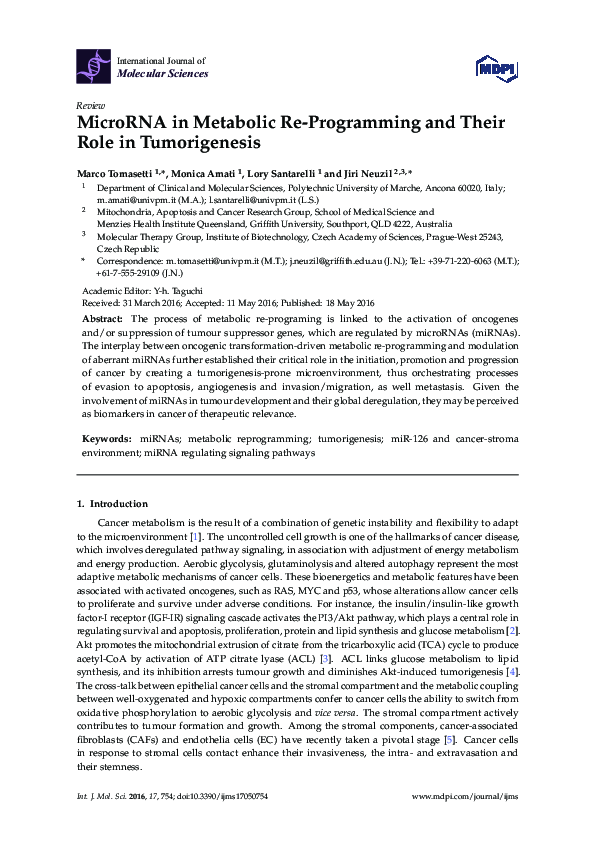 (PDF) MicroRNA in Metabolic Re-Programming and Their Role in Tumorigenesis