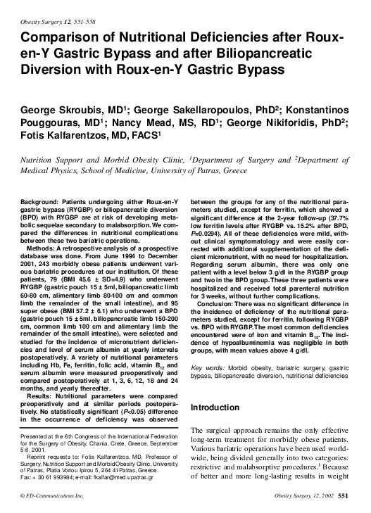 (PDF) Comparison of Nutritional Deficiencies after RouxenY Gastric