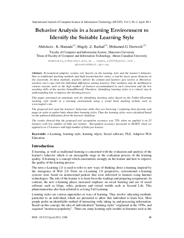 (PDF) Behavior Analysis in a learning Environment to Identify the ...