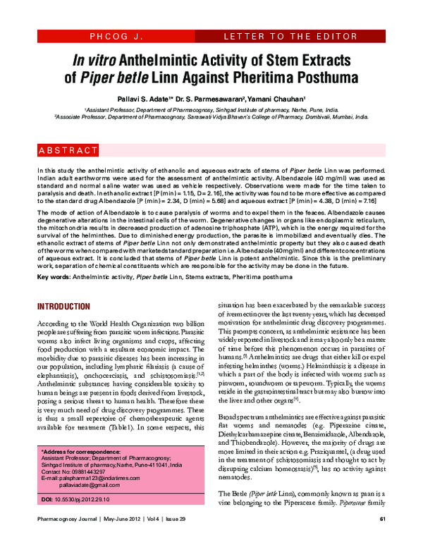 (PDF) In vitro Anthelmintic Activity of Stem Extracts of Piper betle ...