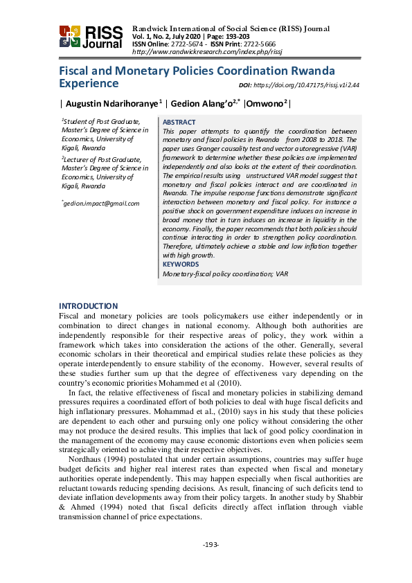 (PDF) Fiscal and Monetary Policies Coordination Rwanda Experience