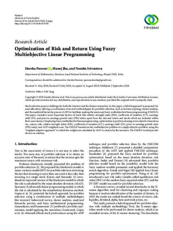 (PDF) Optimization of Risk and Return Using Fuzzy Multiobjective Linear ...