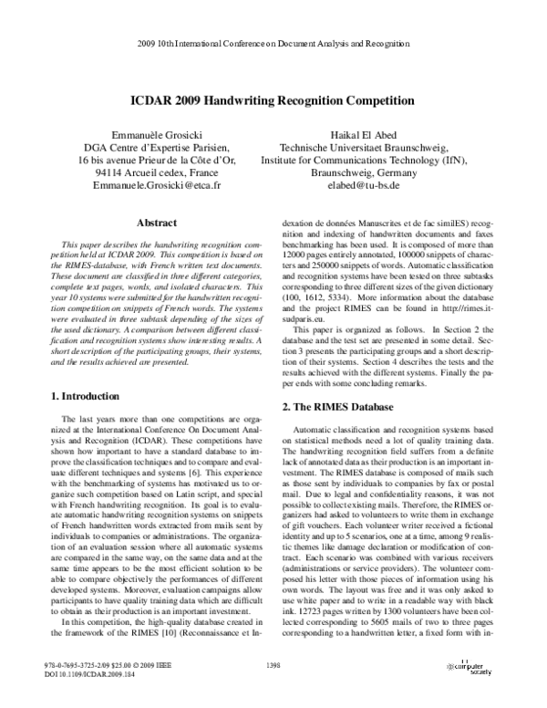 (PDF) ICDAR 2009 Handwriting Recognition Competition
