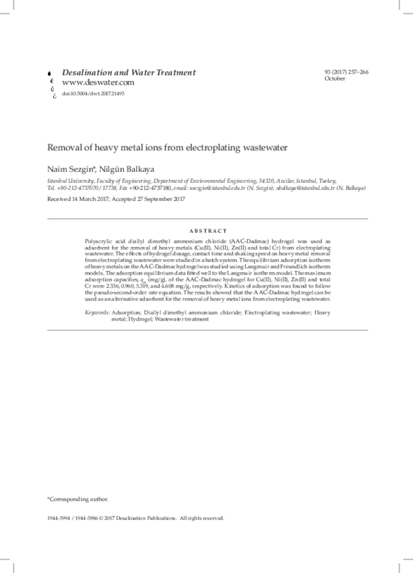 (PDF) Removal of heavy metal ions from electroplating wastewater