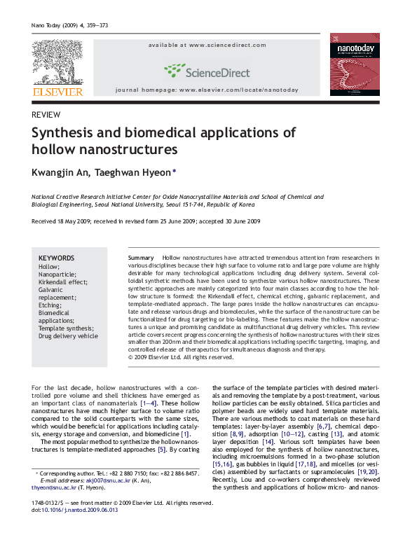 (PDF) Synthesis and biomedical applications of hollow nanostructures