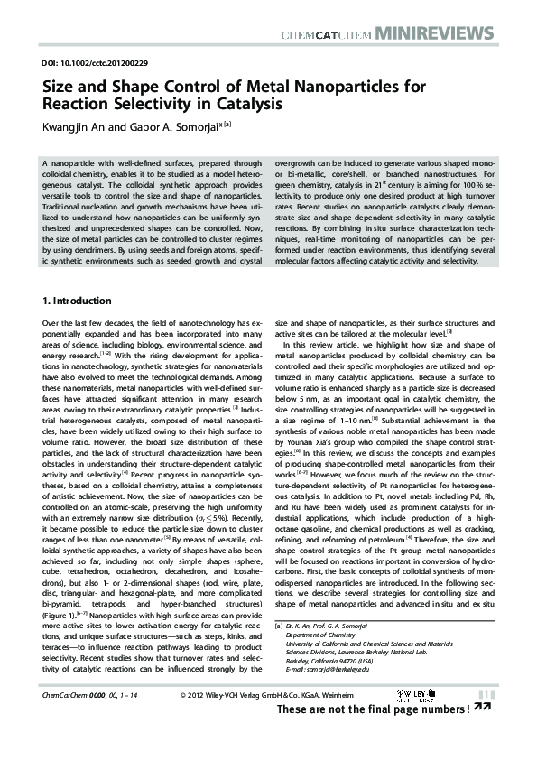 (PDF) Size and Shape Control of Metal Nanoparticles for Reaction ...