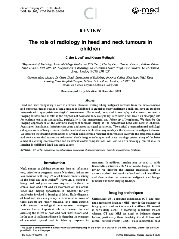 (PDF) The role of radiology in head and neck tumours in children