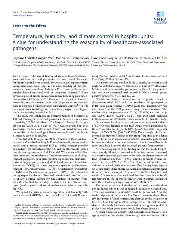 (PDF) Temperature, humidity, and climate control in hospital units A