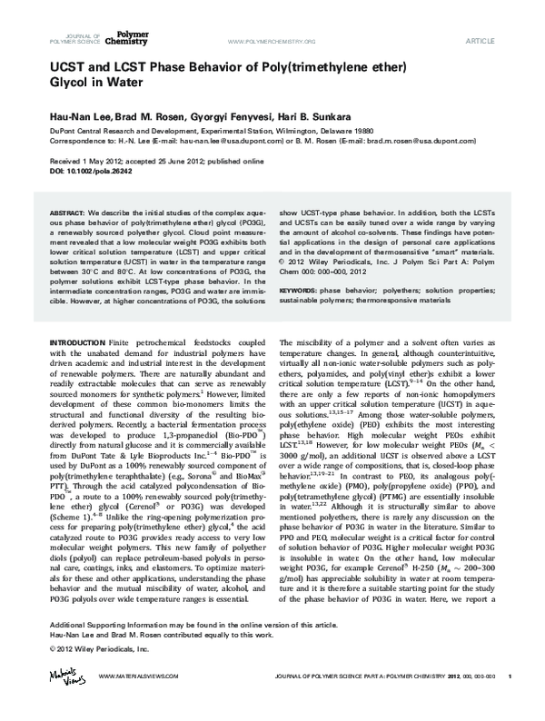 (PDF) UCST and LCST phase behavior of poly(trimethylene ether) glycol ...