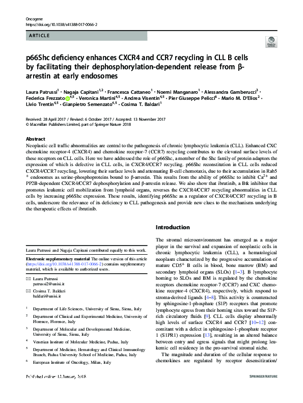 (PDF) p66Shc deficiency enhances CXCR4 and CCR7 recycling in CLL B ...