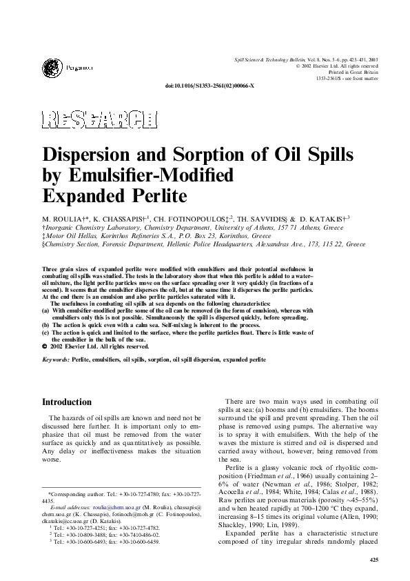 (PDF) Dispersion and Sorption of Oil Spills by Emulsifier-Modified ...