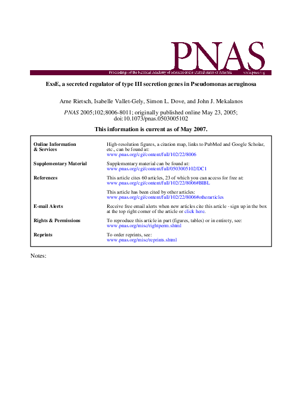 (PDF) Pseudomonas aeruginosa ExsE, a secreted regulator of type III ...
