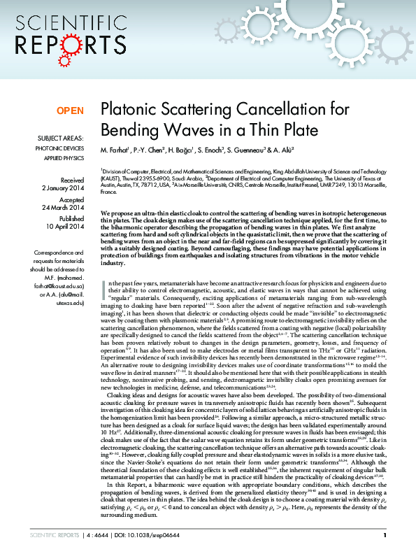 (PDF) Platonic Scattering Cancellation for Bending Waves in a Thin Plate