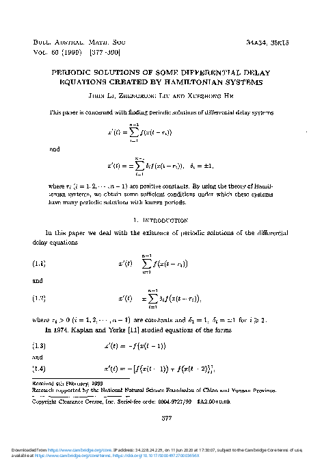 (PDF) Periodic solutions of some differential delay equations created ...