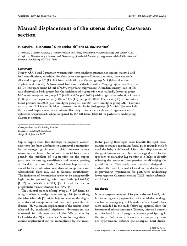 (PDF) Manual displacement of the uterus during Caesarean section Pankaj Kundra Academia.edu