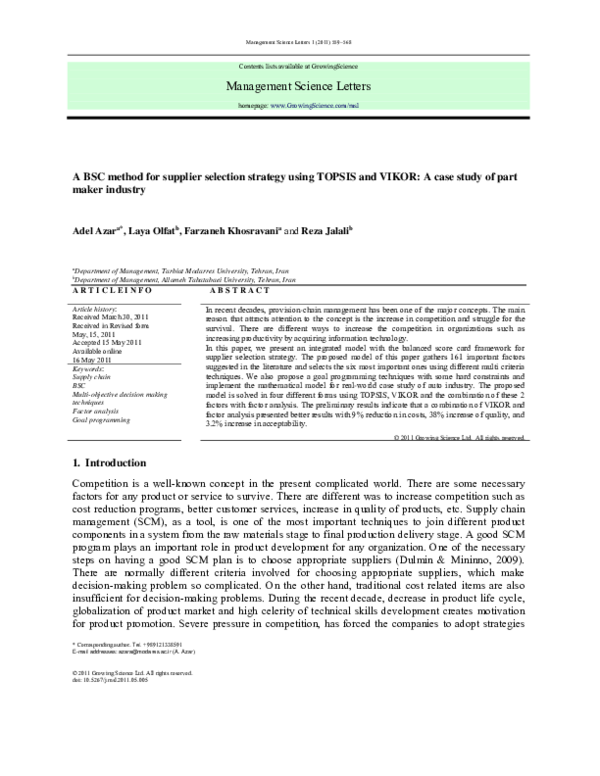 (PDF) A BSC method for supplier selection strategy using TOPSIS and ...