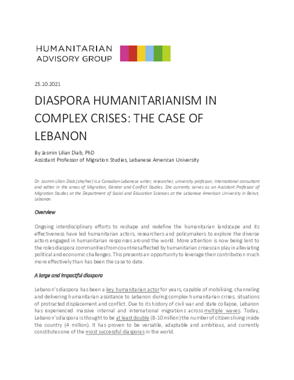 (PDF) Diaspora Humanitarianism in Complex Crises: The Case of Lebanon