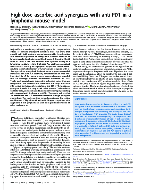 (PDF) High-dose ascorbic acid synergizes with anti-PD1 in a lymphoma ...