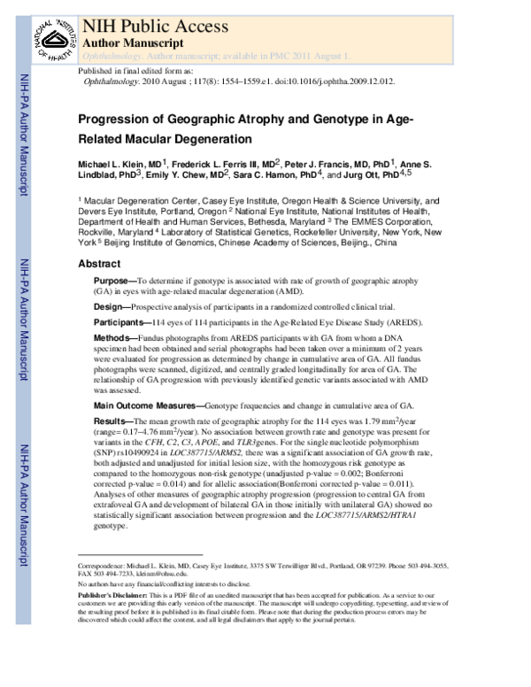(PDF) Progression of Geographic Atrophy and Genotype in Age-Related ...
