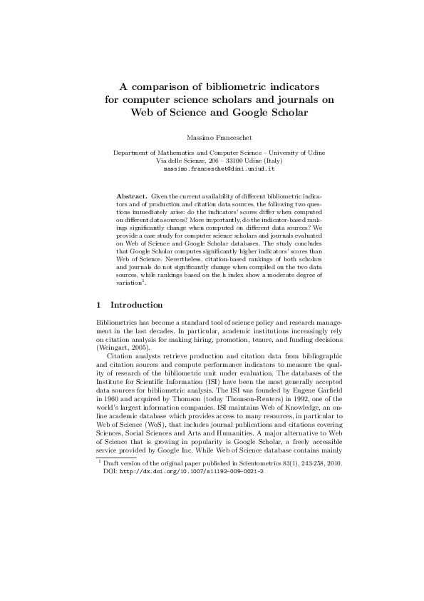 (PDF) A comparison of bibliometric indicators for computer science