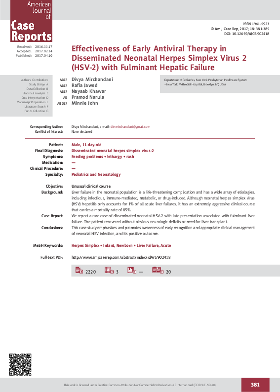 (PDF) Effectiveness of Early Antiviral Therapy in Disseminated Neonatal ...