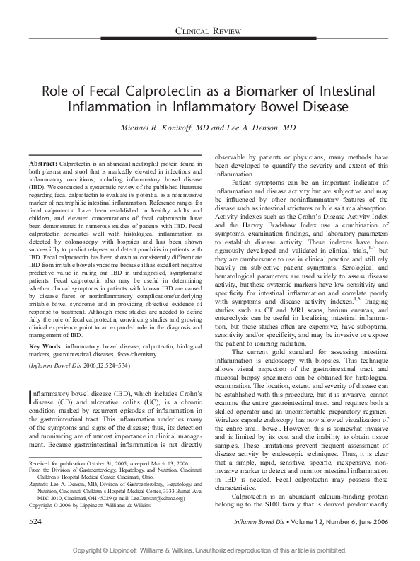 (PDF) Role of fecal calprotectin as a biomarker of intestinal ...