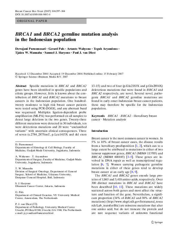 (PDF) BRCA1 and BRCA2 germline mutation analysis in the Indonesian ...