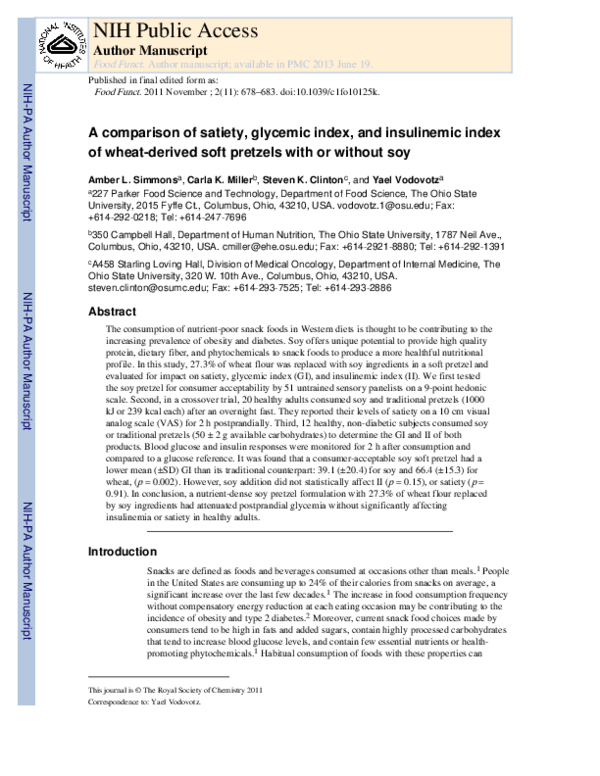 (PDF) A comparison of satiety, glycemic index, and insulinemic index of