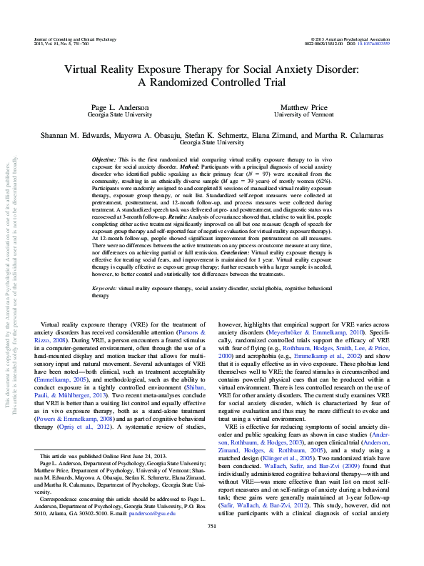 (PDF) Virtual reality exposure therapy for social anxiety disorder A