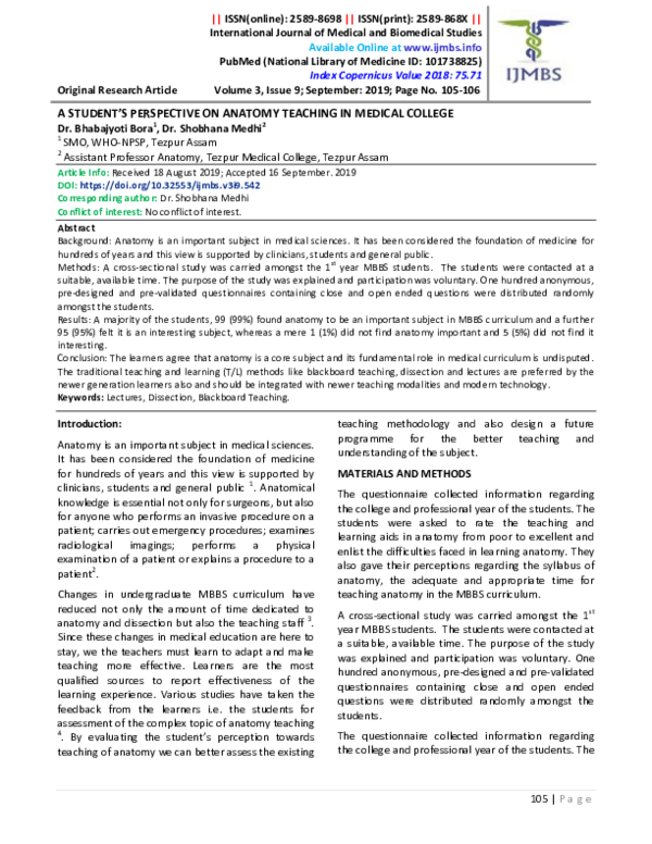 (PDF) A Student’s Perspective on Anatomy Teaching in Medical College