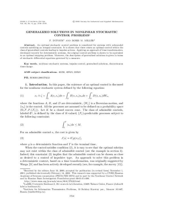 (PDF) Generalized Solutions in Nonlinear Stochastic Control Problems