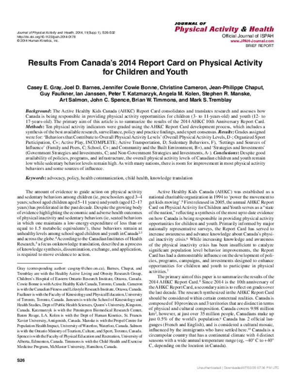 (PDF) Results From Canada’s 2014 Report Card on Physical Activity for ...