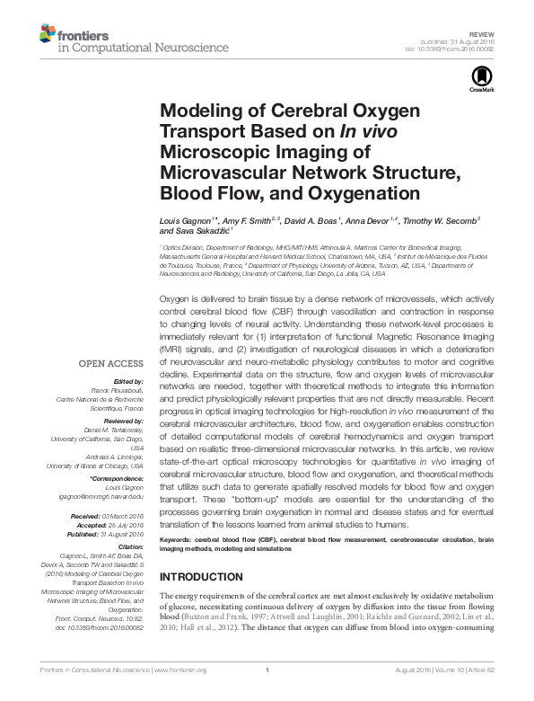 (PDF) Modeling of Cerebral Oxygen Transport Based on In vivo ...