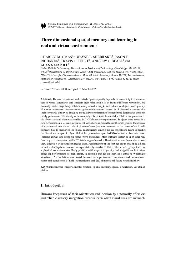 (PDF) Three dimensional spatial memory and learning in real and virtual ...