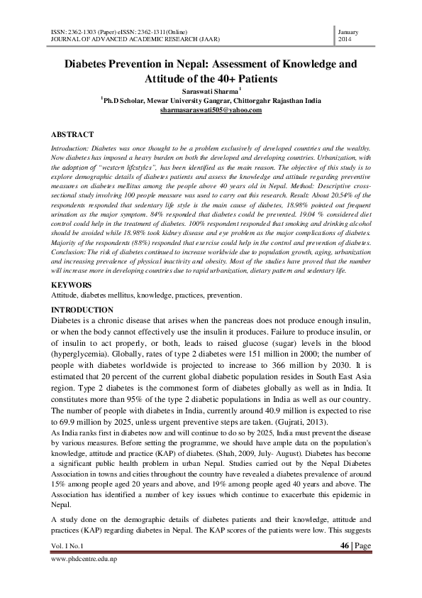 (PDF) Diabetes Prevention in Nepal: Assessment of Knowledge and ...