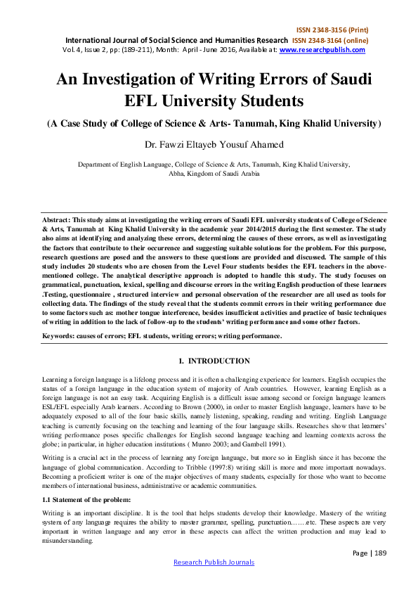 (PDF) An Investigation of Writing Errors of Saudi EFL University Students