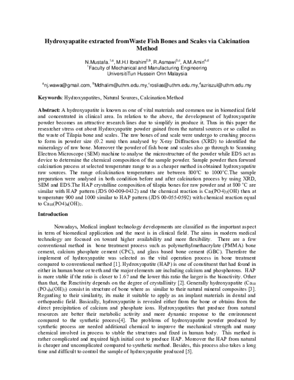 (PDF) Hydroxyapatite Extracted from Waste Fish Bones and Scales via ...