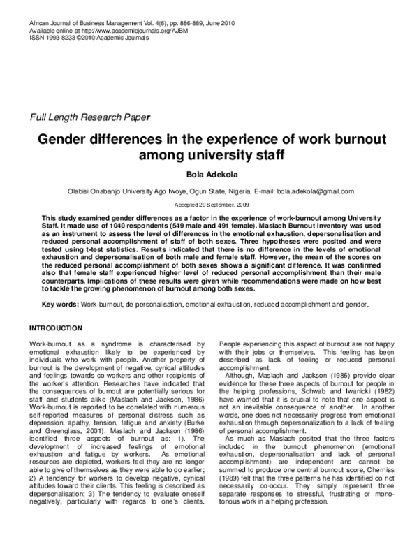 (PDF) Gender differences in the experience of work burnout among ...